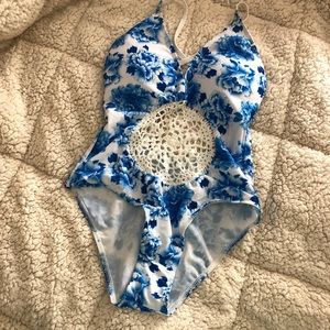 Blue floral print bathing suit